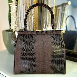 Vintage Brown Crocodile Print Handbag - Embossed Top Handle Satchel Made in USA